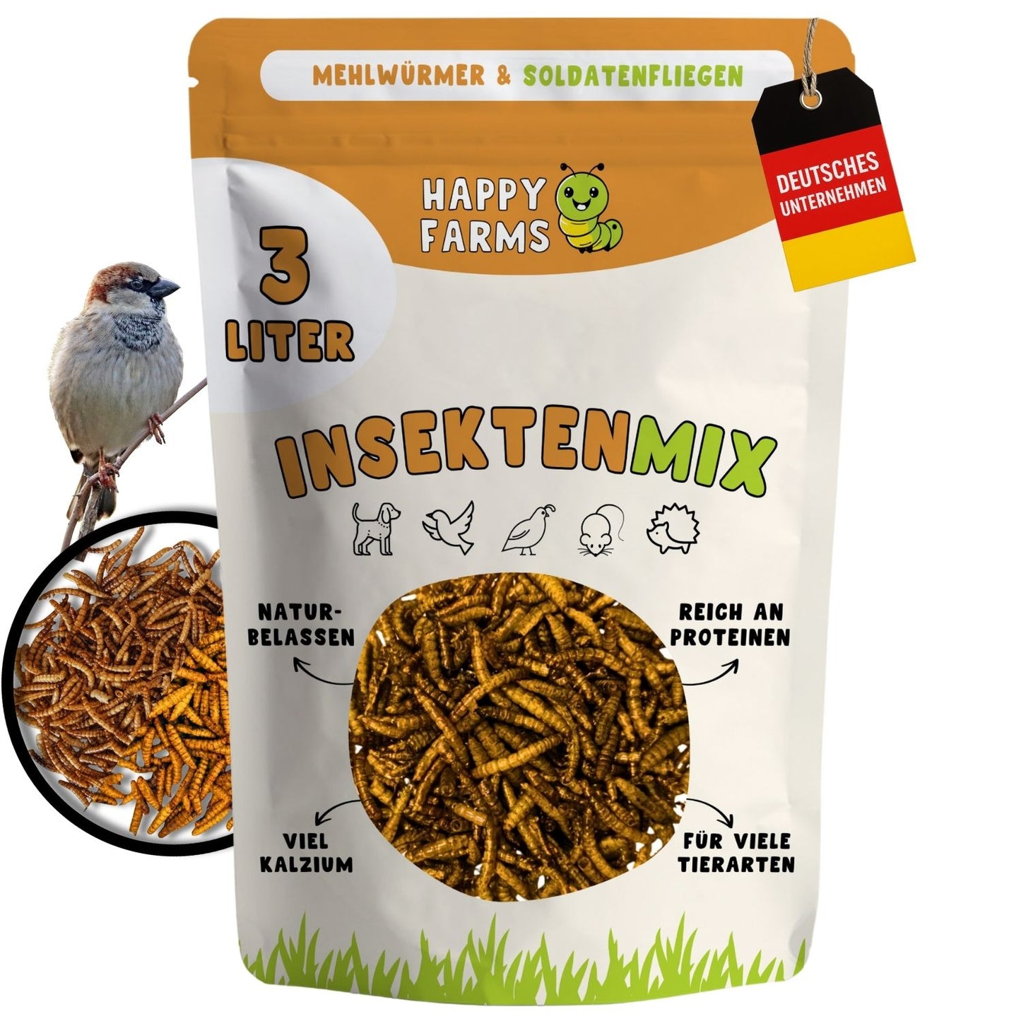 InsecteMix à 50 % vers de farine et 50% larves de mouches soldats – alimentation naturelle riche en protéines pour oiseaux, hérissons, poules et reptiles