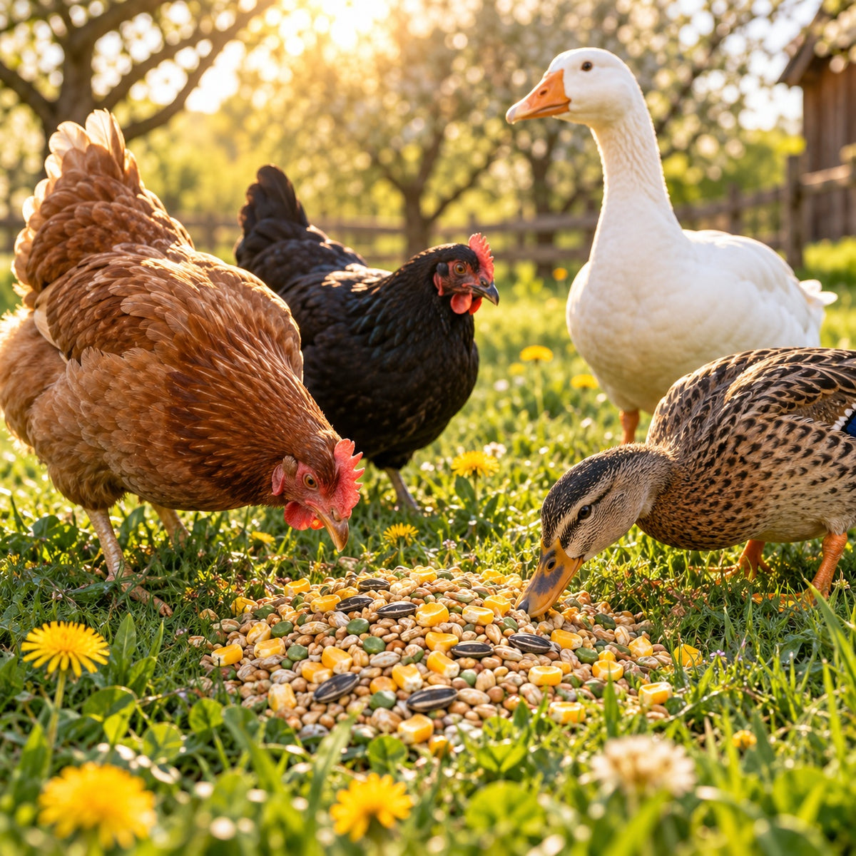 Hühner, Gans und Ente fressen Körnerfutter Plus auf der Wiese